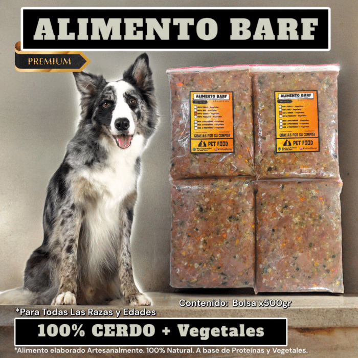 BARF 100% CERDO + Vísceras + Vegetales. Bolsa x 500grs