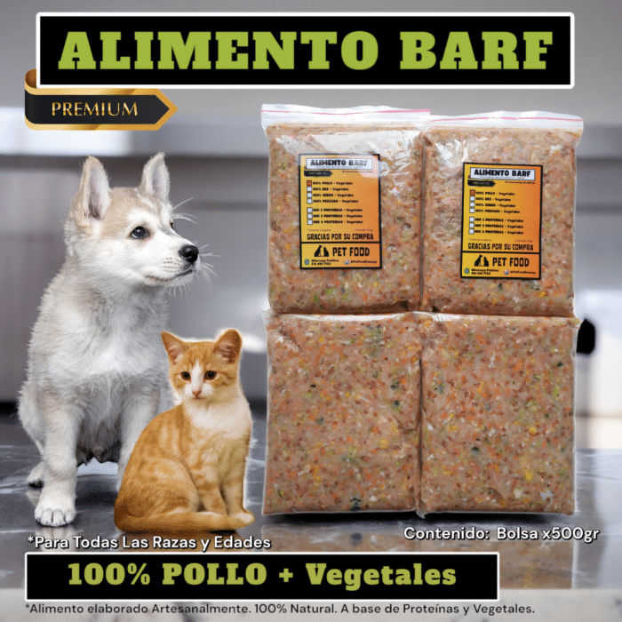 BARF 100% POLLO + Vísceras + Vegetales. Bolsa x 500grs